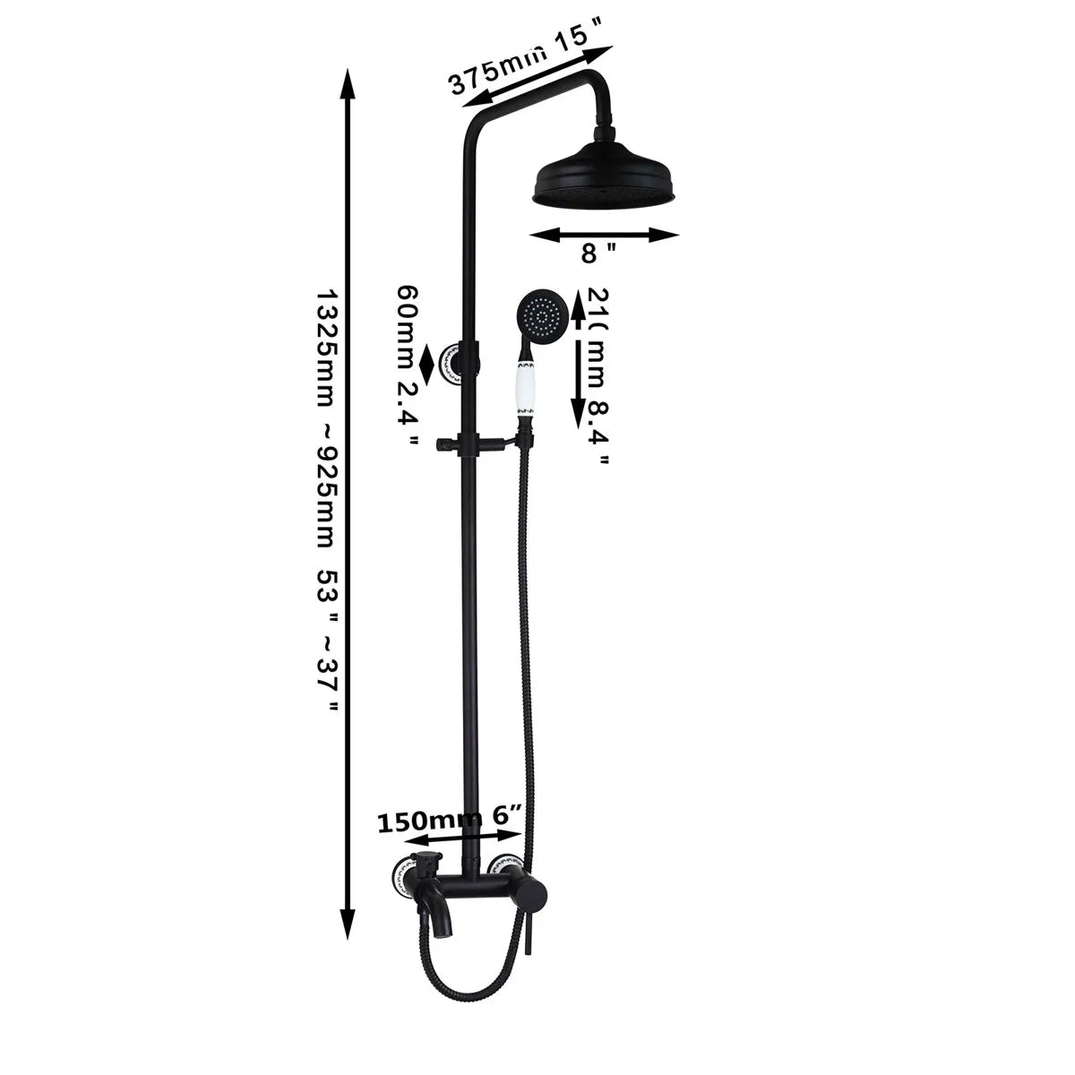 Artfan 8" Black Rain Shower Head Set with Hand Spray and Mixer Faucet