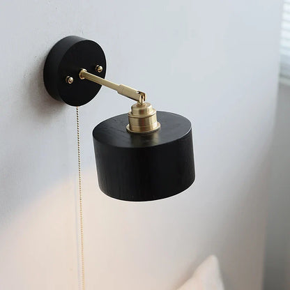 Artfan lighting Black Wood LED Wall Light with Pull Chain Switch, Rotating Japanese Style Bedside Lamp