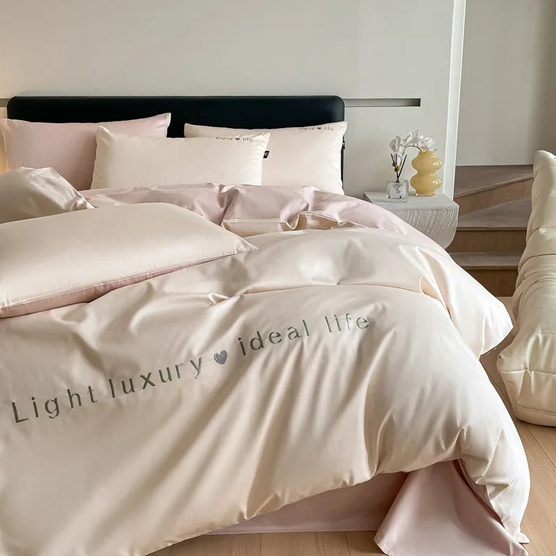 Artfan 120S Long Staple Cotton Satin Embroidery Bedding Set - Solid Color Twin Full Double Comforter