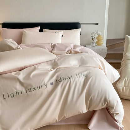 Artfan 120S Long Staple Cotton Satin Embroidery Bedding Set - Solid Color Twin Full Double Comforter