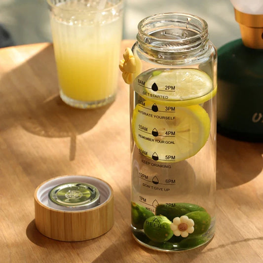 Artfan 700ML Glass Water Bottle with Time Marker and Stainless Steel Tea Filter