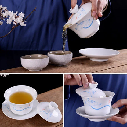 Artfan lighting Blue & White Porcelain Gaiwan Tea Set Puer Tea Cups Soup Bowl with Lid