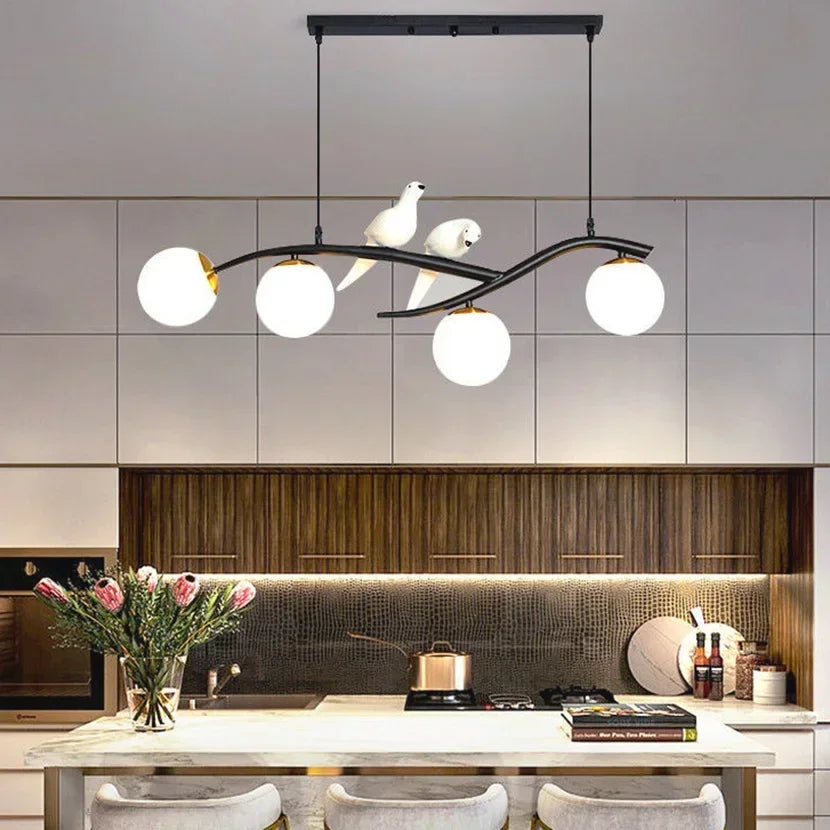 Artfan lighting Birds Hanging Glass LED Chandelier in Black & Gold Iron - Modern Kitchen Island Light