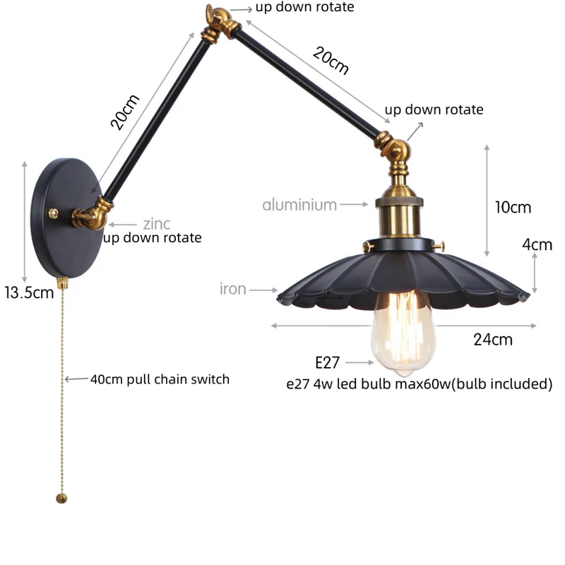 Artfan lighting Black Iron LED Wall Light Fixture Industrial Vintage Adjustable Long Arm