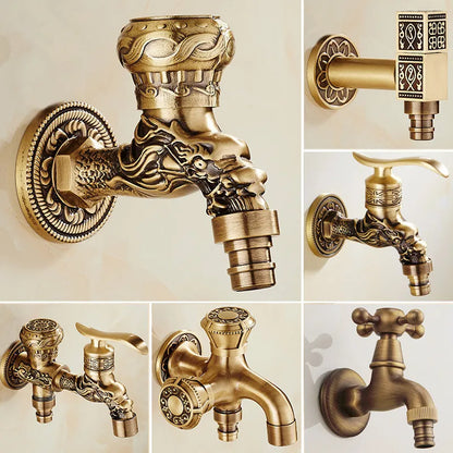Artfan Antique Brass Dragon Carved Outdoor Washing Machine Faucet Cold Tap