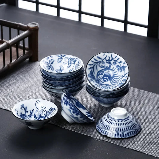Artfan lighting Blue & White Ceramic Kung Fu Tea Cup, Japanese Style Porcelain Sake Espresso Mug