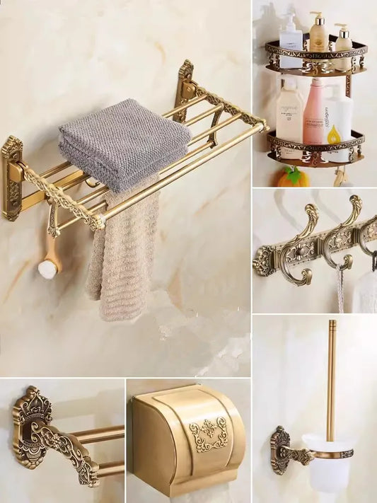 Artfan Bronze Carved Bath Accessories Set: Shelf, Towel Rack, Paper Holder, Toilet Brush Holder