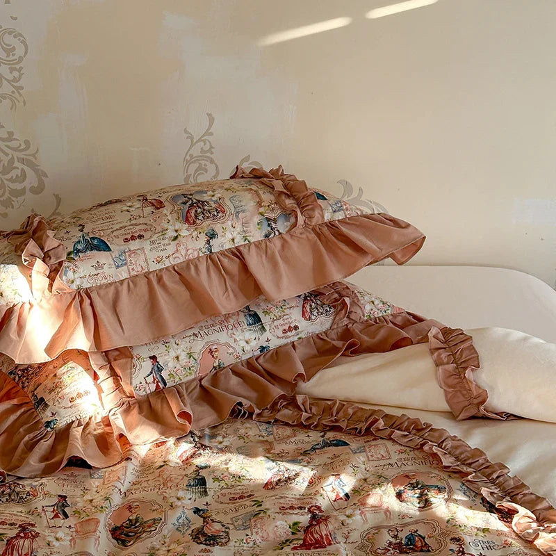 Artfan 100% Cotton French Print Lace Ruffles Bedding Set - 4 Piece Bed Sets