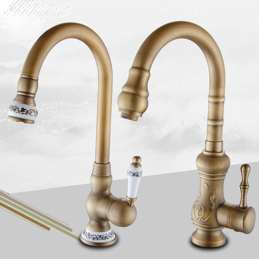 Artfan Antique Brass Swivel Spout Kitchen Faucet Single Handle Vessel Sink Mixer Tap
