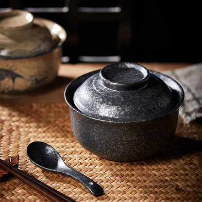 Artfan 6.5inch Retro Ceramic Ramen Bowl Set with Lid, Chopsticks, and Spoons
