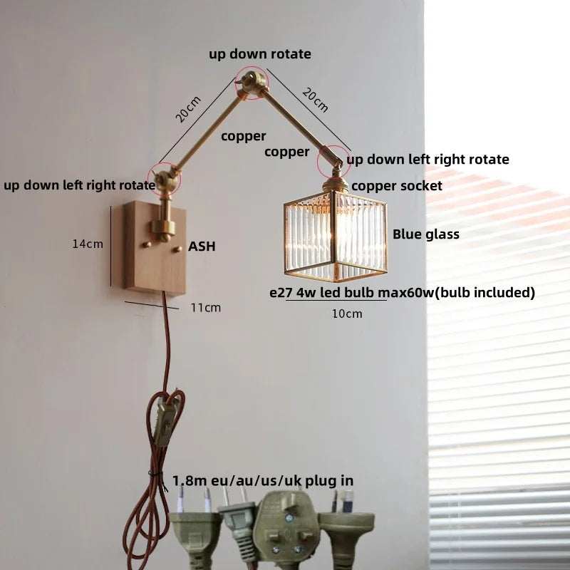 Artfan Ash Wood LED Wall Lights Swing Arms Blue Glass Bedside Lamp