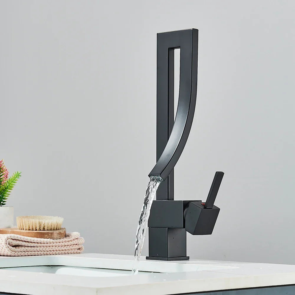 Artfan lighting Black Brass Waterfall Basin Faucet with Single Handle Mixer Tap