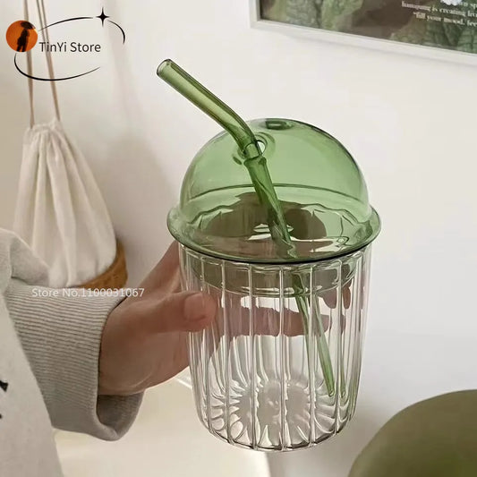 Artfan 450ml Striped Glass Cup with Lid and Straw, Ideal for Coffee, Juice, Milk, or Tea