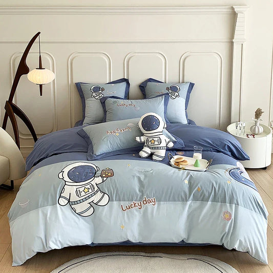 Artfan Astronaut Cartoon Embroidery Boys Bedding Set, 100% Cotton, Single Duvet Cover, Bed Sheet, Pillowcases