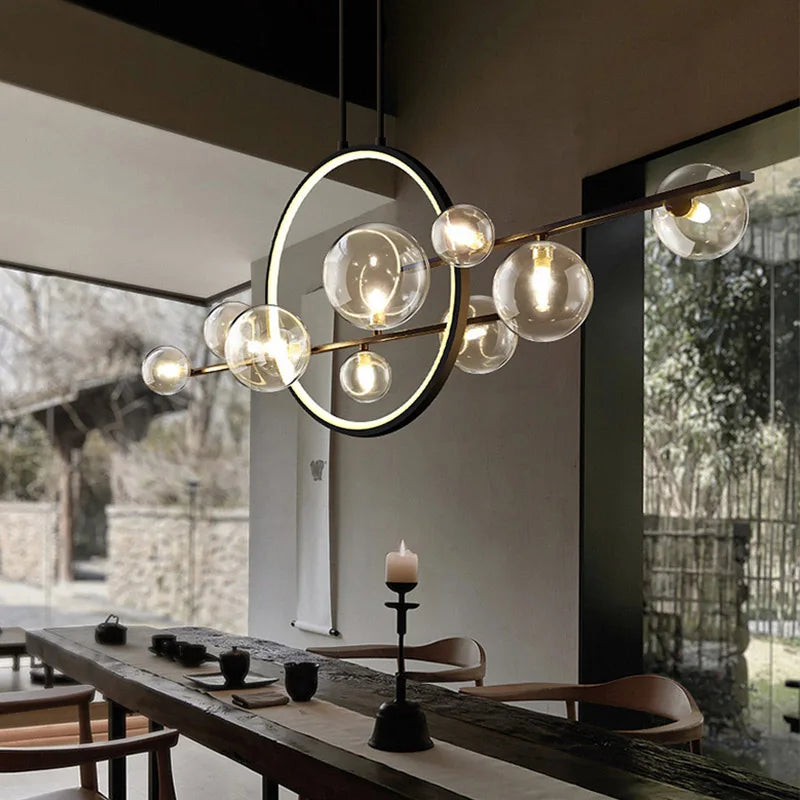 Artfan lighting Black Ring LED Pendant Light with Glass Lampshade for Dining Room and Kitchen