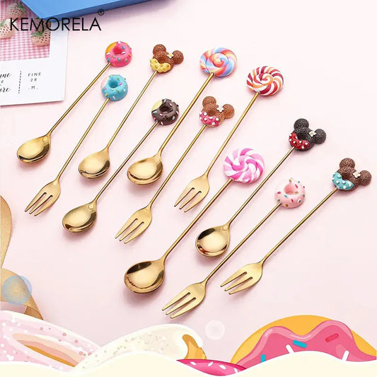 Artfan 4PCS Stainless Steel Creative Candy Donut Dessert Fork and Coffee Spoon Set