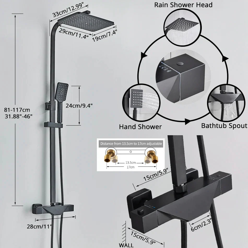Artfan lighting Black Thermostatic Shower Faucet Rain Head System for Wall Mount Installation