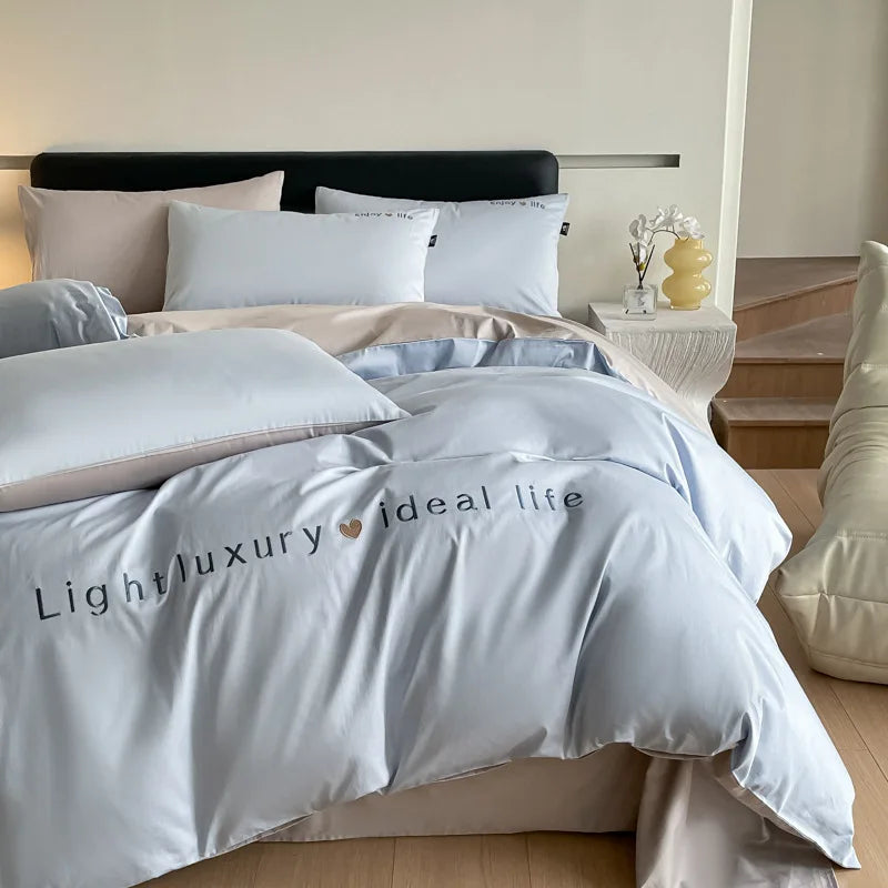 Artfan 120S Long Staple Cotton Satin Embroidery Bedding Set - Solid Color Twin Full Double Comforter