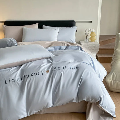 Artfan 120S Long Staple Cotton Satin Embroidery Bedding Set - Solid Color Twin Full Double Comforter
