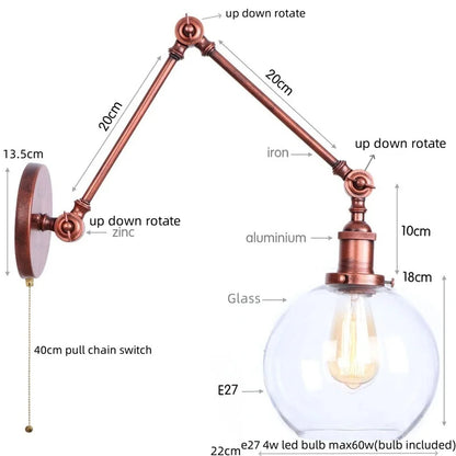 Artfan Adjustable Glass Swing Arm LED Wall Sconce with Pull Chain Switch