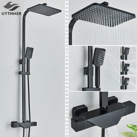 Artfan lighting Black Thermostatic Shower Faucet Rain Head System for Wall Mount Installation