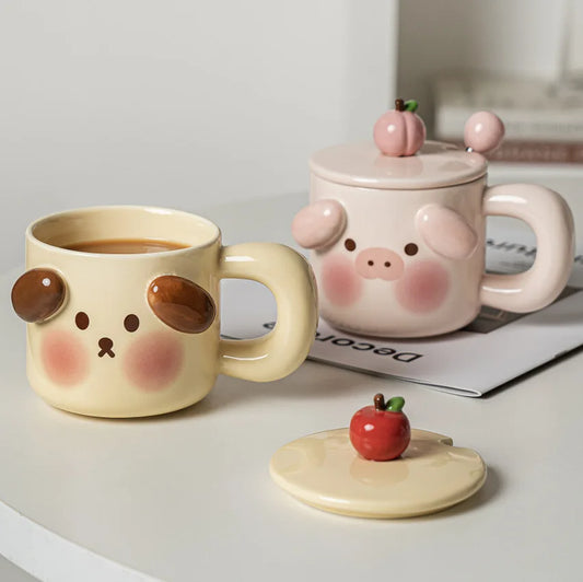 Artfan Animal Ceramic Mug Set: Pig Dog Design, Lid, Spoon, Saucer - Breakfast Coffee Cup