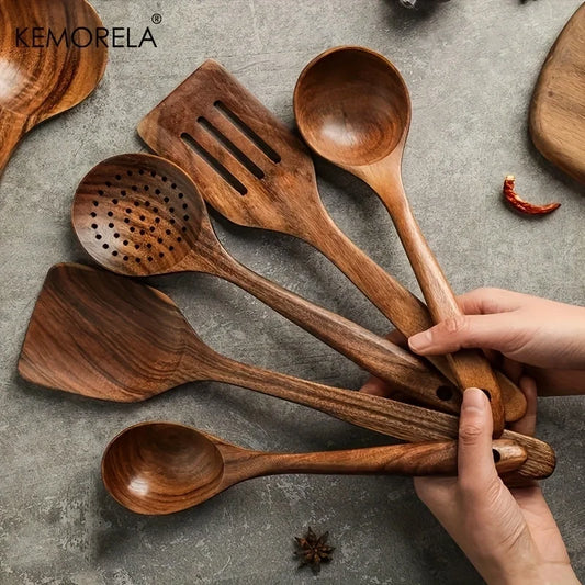 Artfan 5PCS Teak Wooden Cooking Spoon Set - Natural Kitchen Tableware Tools
