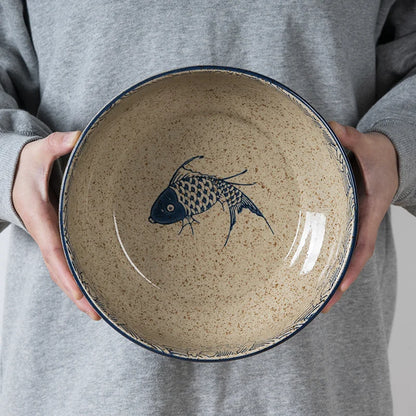 Artfan 9" Retro Ceramic Ramen Noodle Bowl - Japanese Style Soup Bowl for Pickled Cabbage Fish