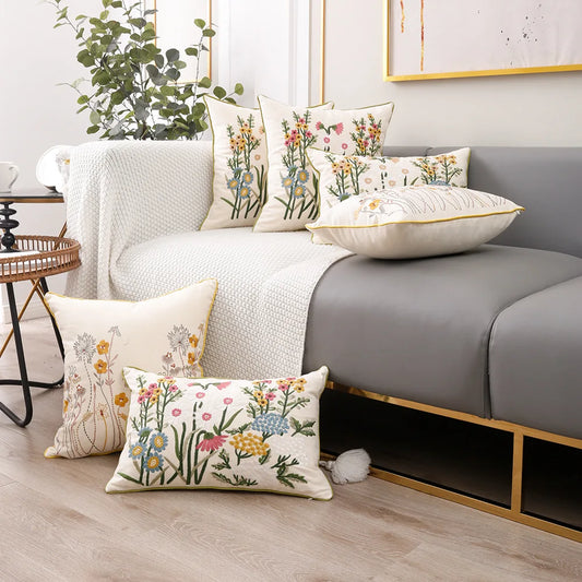 Artfan 3D Pink Flower Farmhouse Style Cushion Cover 45x45cm - Embroidered Sofa, Bed, Living Room