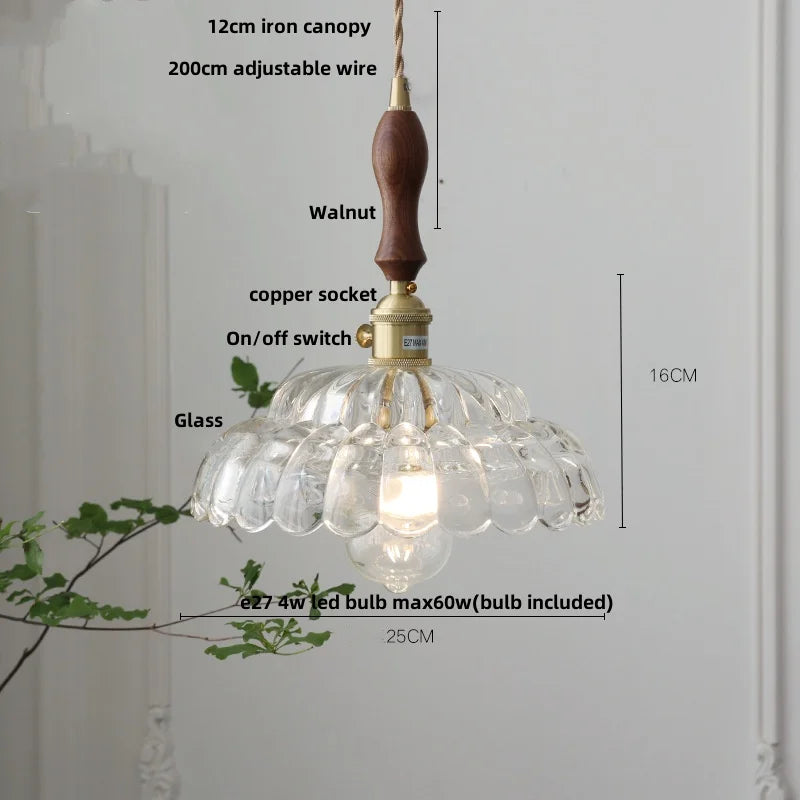 Artfan Amber Glass Walnut Wood LED Pendant Lamp with Copper Knob Switch
