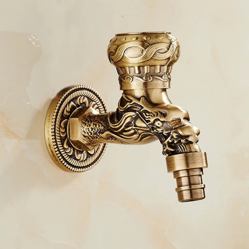 Artfan Antique Brass Dragon Carved Outdoor Washing Machine Faucet Cold Tap