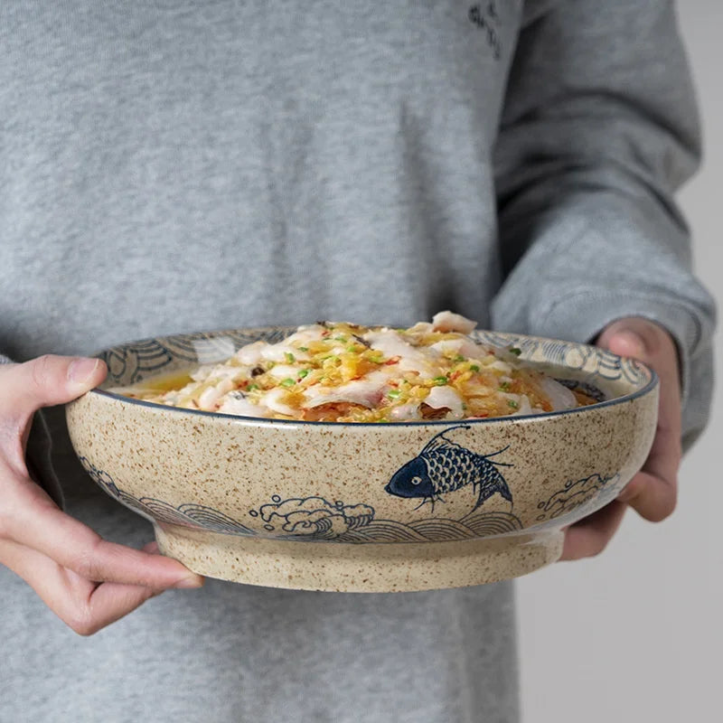 Artfan 9" Retro Ceramic Ramen Noodle Bowl - Japanese Style Soup Bowl for Pickled Cabbage Fish