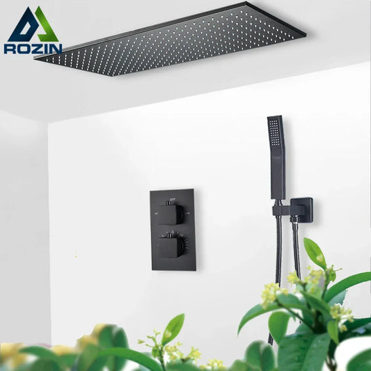 Artfan lighting Black Brass Thermostatic Shower Faucet with Ceiling Rainfall Shower Head