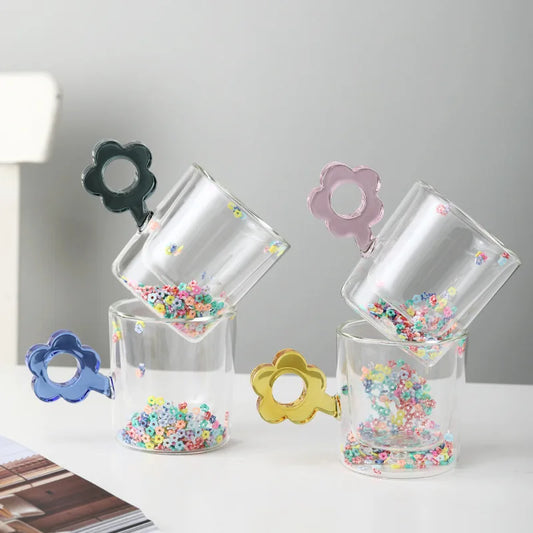 Artfan 250ml Double Wall Glass Mug with Glitter Flowers and Flower Handle