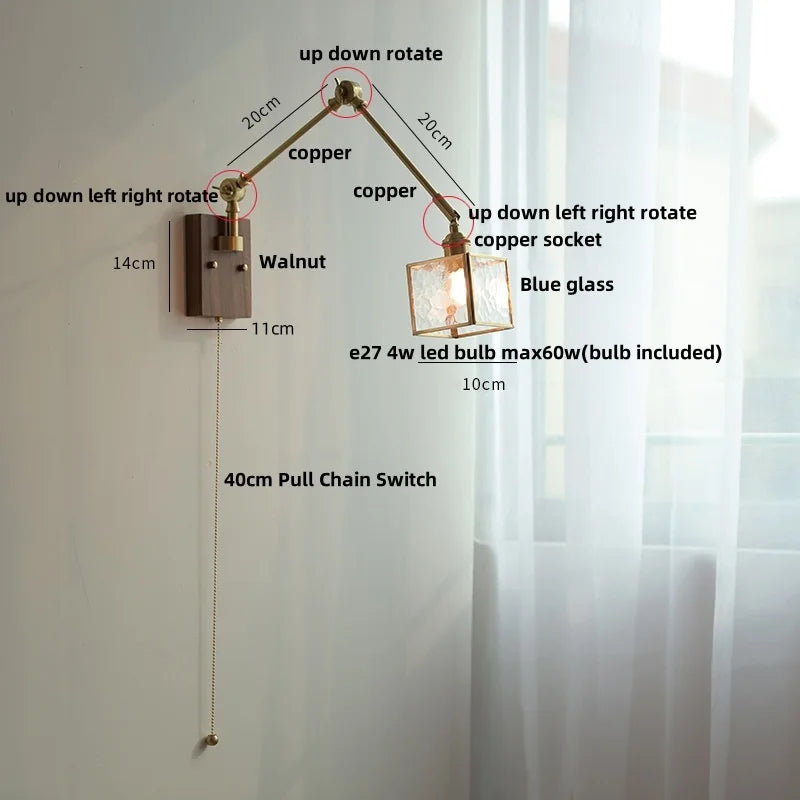 Artfan Ash Wood LED Wall Lights Swing Arms Blue Glass Bedside Lamp