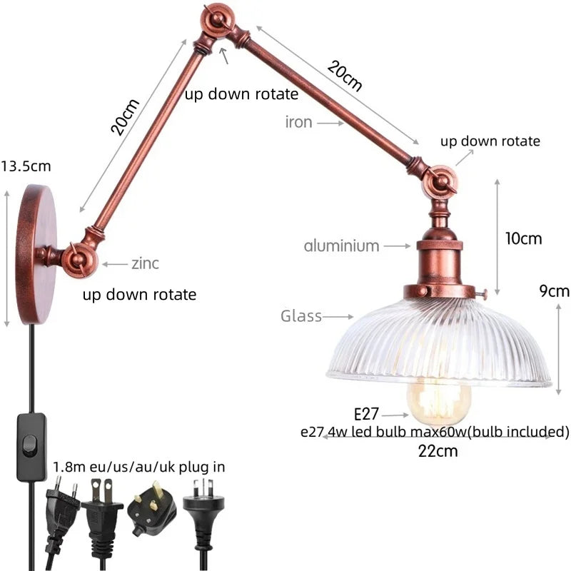 Artfan Adjustable Glass Swing Arm LED Wall Sconce with Pull Chain Switch