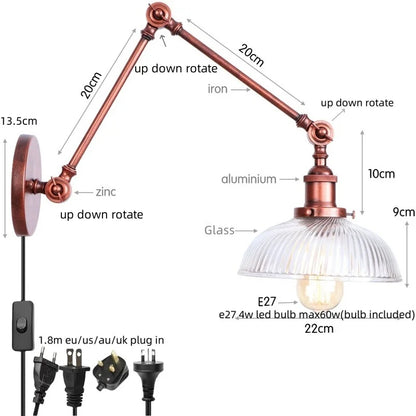 Artfan Adjustable Glass Swing Arm LED Wall Sconce with Pull Chain Switch