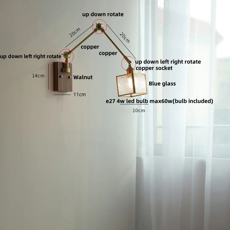 Artfan Ash Wood LED Wall Lights Swing Arms Blue Glass Bedside Lamp