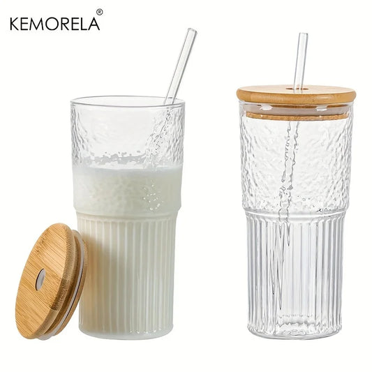 Artfan 500ml Ribbed Glass Cup with Lid and Straw | Stylish Drinking Glass for Any Occasion