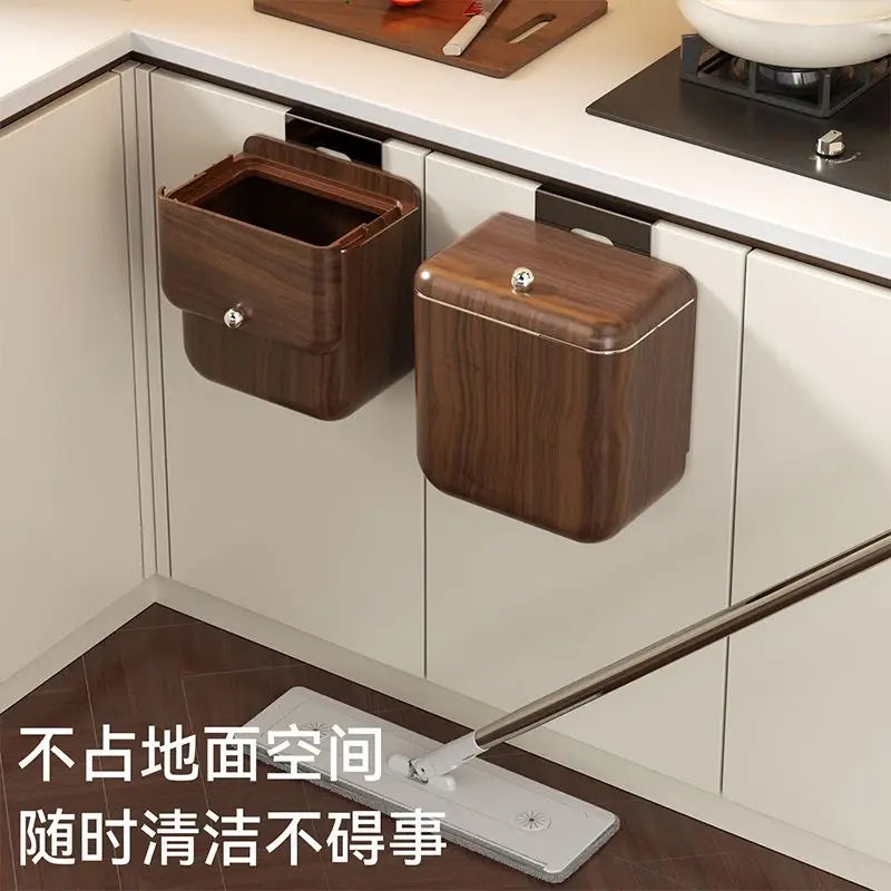 Artfan Antique Style Wood Grain Hanging Kitchen Trash Can with Lid