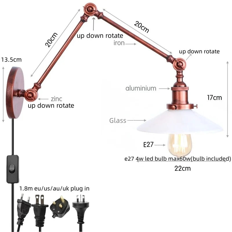 Artfan Adjustable Glass Swing Arm LED Wall Sconce with Pull Chain Switch