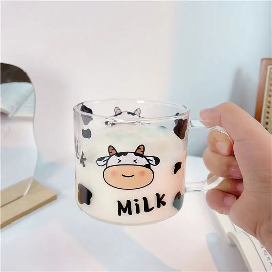 Artfan 13.5oz Cow Pattern Glass Mug with Spoon Lid for Student Dormitory