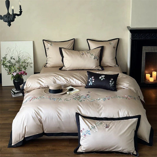 Artfan 1000TC Cotton Butterfly Flowers Embroidery Bedding Set with Duvet Cover, Sheet, Pillowcases