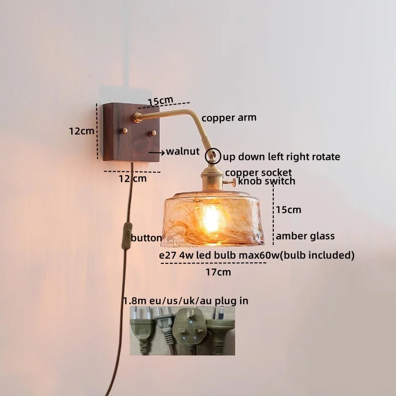 Artfan Amber Glass LED Wall Sconce Pull Chain Switch.
