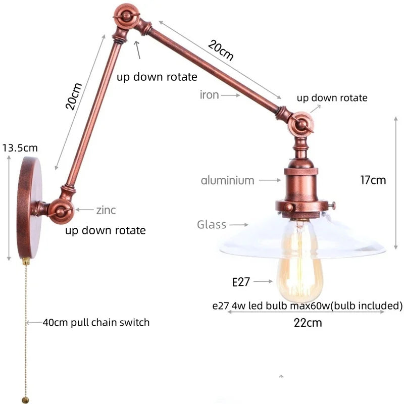 Artfan Adjustable Glass Swing Arm LED Wall Sconce with Pull Chain Switch