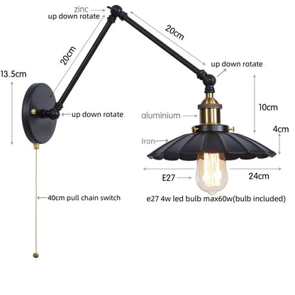 Artfan lighting Black Iron LED Wall Light Fixture Industrial Vintage Adjustable Long Arm