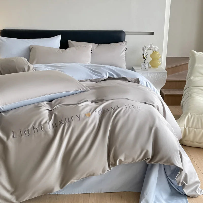 Artfan 120S Long Staple Cotton Satin Embroidery Bedding Set - Solid Color Twin Full Double Comforter