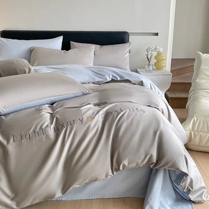 Artfan 120S Long Staple Cotton Satin Embroidery Bedding Set - Solid Color Twin Full Double Comforter