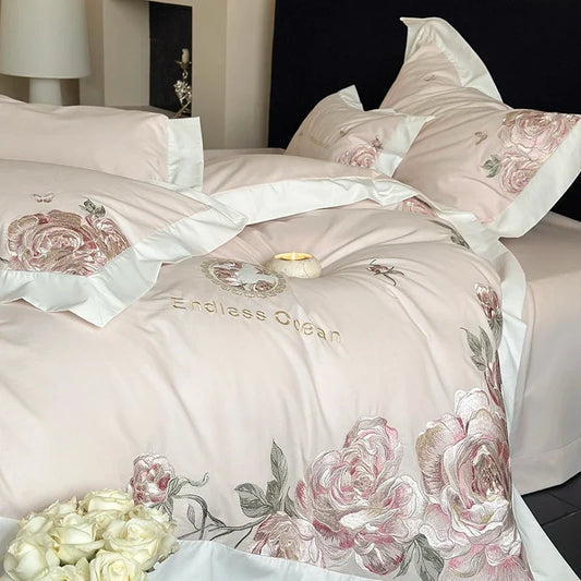 Artfan 4-Piece Pink Purple Flowers Embroidery Bedding Set in 1000TC Egyptian Cotton