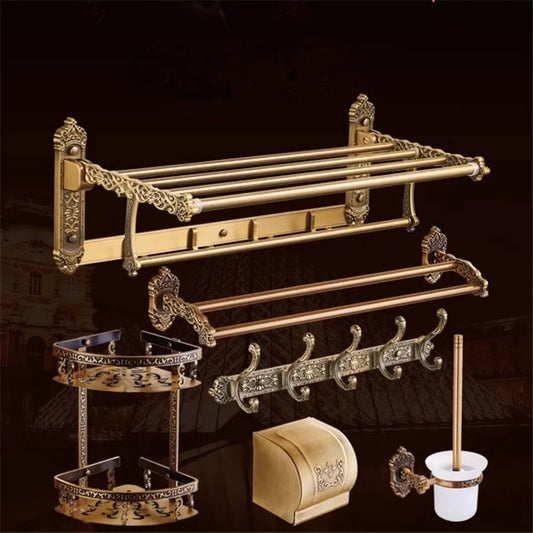 Artfan Bronze Carved Bath Accessories Set: Shelf, Towel Rack, Paper Holder, Toilet Brush Holder